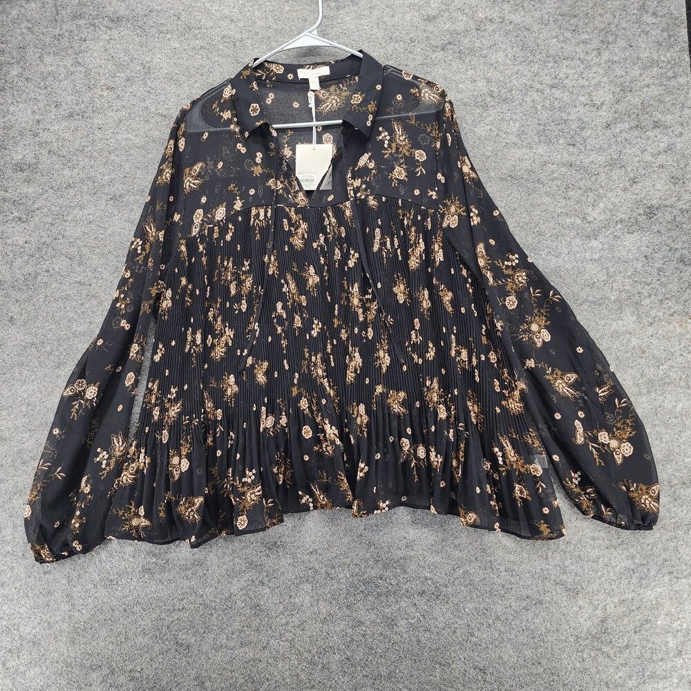 Lauren Conrad Shirt Womens XXL Long Sleeve V Neck Black Floral Sheer